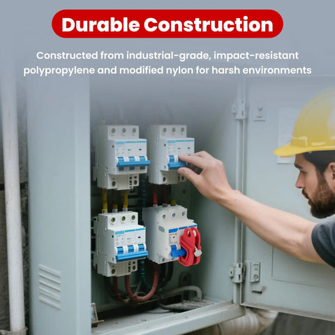 Must Have 20 Piece Circuit Breaker Lockout Device Kit Universal Lockout Tagout Loto For Single Double And Triple Pole Breakers OSHA Compliant Electrical Safety Gear installed on electrical panel with technician using it.