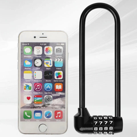 Beefy 4 Digit Padlock Set With 6.3 Inch Long Shackle Waterproof Resettable Code Lock for Bicycles, shown next to a smartphone for scale.