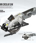 Side view of Inequalit mini circular saw, 4A, 3500 RPM, 4-1/2 in blade, laser guide.