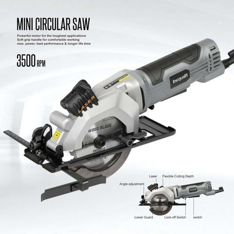 Side view of Inequalit mini circular saw, 4A, 3500 RPM, 4-1/2 in blade, laser guide.