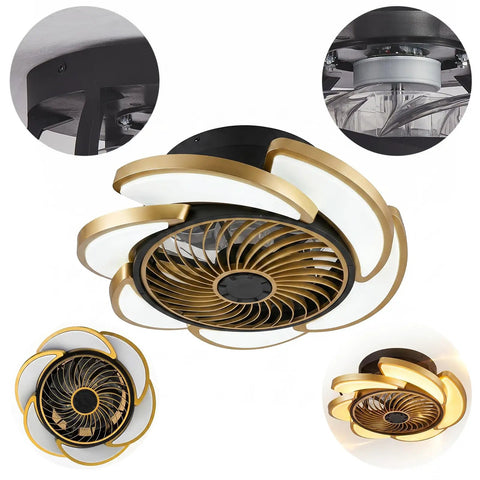 17-Inch Bladeless Ceiling Fan Light, Remote, 6-Speed, Low Profile, Gold, showcasing elegant flower design and enclosed blade.