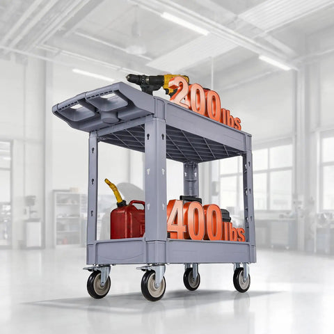 Beefy Heavy Duty Utility Cart With Two Tier Shelves 550 Lbs Capacity Heavy Plastic Rolling Cart With 360 Degree Swivel Wheels And Two Brakes Tool Storage Tray For Garage Workshop And Warehouse, 2-tier PP cart