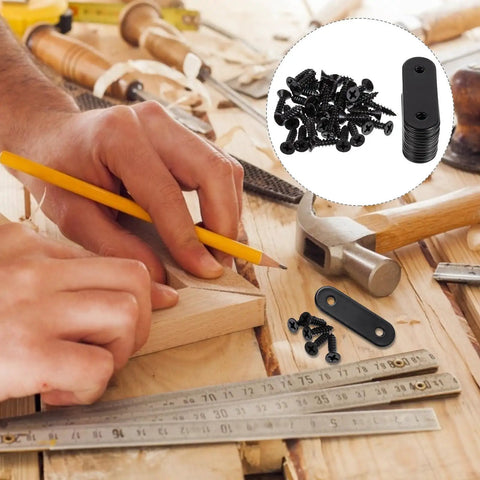 Heavy Duty Black Stainless Steel Brace Brackets For Wood Furniture And PCs with screws on workshop table