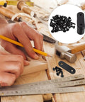 Stainless Steel Straight Bracket Set 24 Pcs For Furniture Repair And Wood Joining Black Flat Corner Braces on workbench