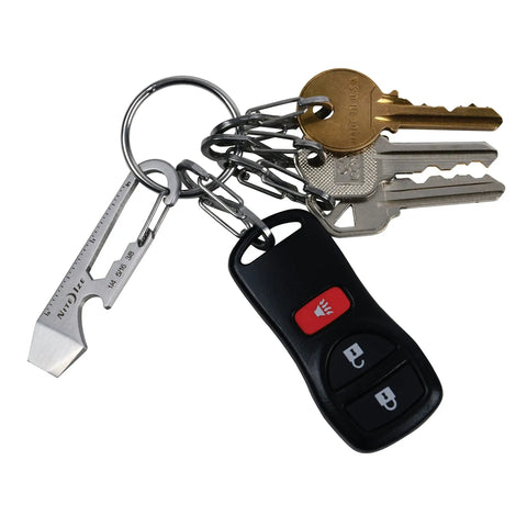 Silver Carabiner Key Clip One And Eleven Sixteenth Inch For Everyday Carry Keychain Multi Tool Clip with keys and remote on keyring.