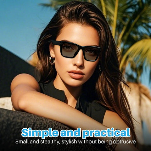 Woman wearing smart glasses compatible with 100 Pack LED Light Diffusion Stickers Kit for Wayfarer style frames