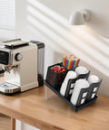 Six-Compartment Cup And Lid Holder For Countertop With Straw Holder Tough Plastic Coffee Cup Rack For 10-22oz Paper Cups Perfect For Bar Office Restaurant Breakroom next to coffee maker