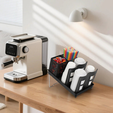 Six-Compartment Cup And Lid Holder For Countertop With Straw Holder Tough Plastic Coffee Cup Rack For 10-22oz Paper Cups Perfect For Bar Office Restaurant Breakroom next to coffee maker