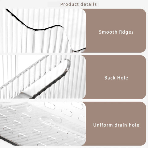 Close-up details of Two Pack Cabinet Door Organizer With No Fuss Adhesive Wall Mount Bins Clear Storage Caddies showing smooth ridges, back hole, and uniform drain holes.