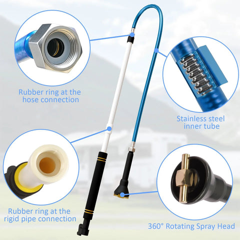 RV black tank cleaning wand with blue flexible hose, stainless steel inner tube, 360° rotating spray head