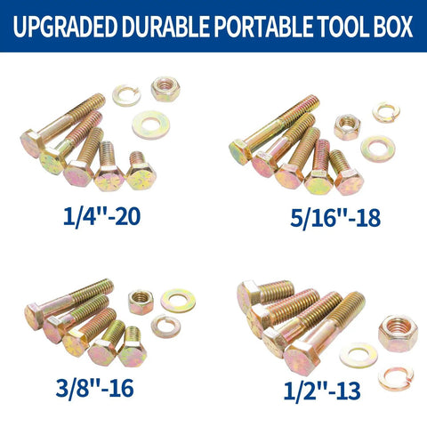 Heavy Duty Grade 8 Hex Bolts And Nuts Assortment Kit 980 Piece Set With Flat And Lock Washers Yellow Zinc Plated 1/4 to 1/2 inch hardware