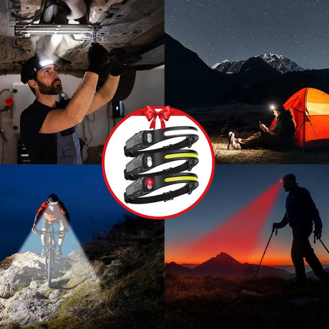 3 Pack Rechargeable LED Headlamps With 7 Modes And Red Light For Adults shown in various nighttime activities