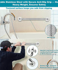 Rock Solid Stainless Steel Grab Bars 3 Pack Featuring Two Practical Sizes For Bathtubs And Showers Non Slip Senior Support Handles Quick Wall Install Bathroom Safety Game Changer, installed in bathroom with textured grip.