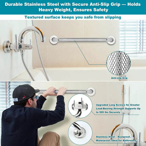 Rock Solid Stainless Steel Grab Bars 3 Pack Featuring Two Practical Sizes For Bathtubs And Showers Non Slip Senior Support Handles Quick Wall Install Bathroom Safety Game Changer, installed in bathroom with textured grip.