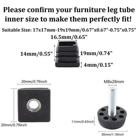 Diagram showing dimensions of 8Pcs Adjustable Leveling Feet Square Insert Kit for Cabinets Sofas Tables and Chairs Black 20x20mm Inserts 30x11mm Base Levelers.