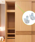 Wooden wardrobe with Bypass Sliding Door Roller Kit With 4 Pcs Adjustable Closet Door Wheels Casters For Smooth Wardrobe Sliding Replacement Top Roller Durable Aluminum Track Hardware With Quiet Glide And No Fuss Install shown in focus.