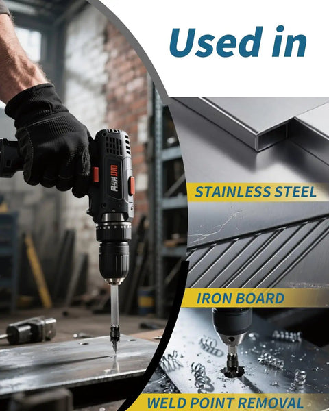 Heavy Duty Top Notch Double Sided Spot Weld Cutter Set used on stainless steel and iron board, drill in action