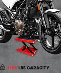 1100Lb Motorcycle Lift Scissor Jack With Steel Wide Deck lifting a motorcycle for maintenance.