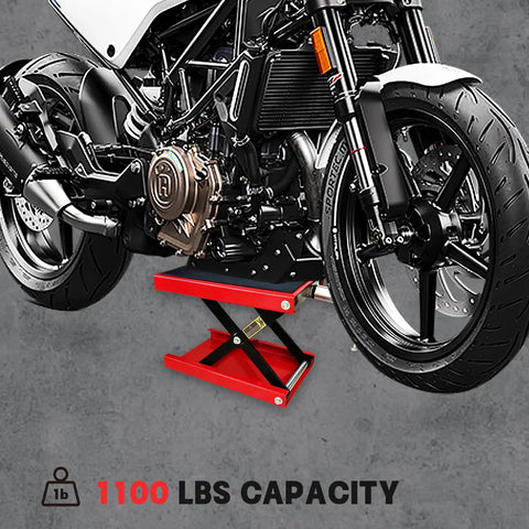 1100Lb Motorcycle Lift Scissor Jack With Steel Wide Deck lifting a motorcycle for maintenance.