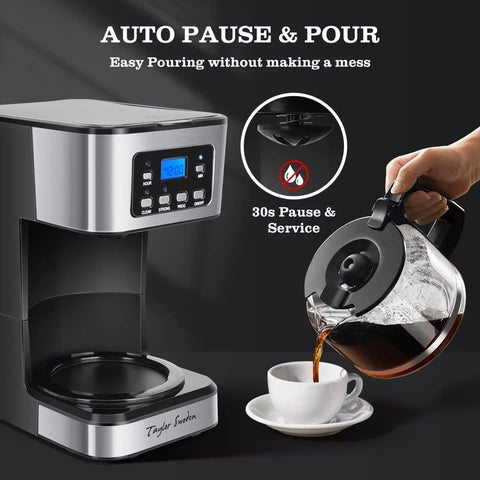 12 Cup Programmable Coffee Maker With LCD Display Brew Regular Or Strong Like A Pro For Home And Office Glass Carafe Pause And Serve Auto Shut Off Black And Stainless Steel pouring coffee into cup