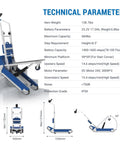 Xsto Crawler Electric Dolly Heavy Duty Trolley 684 Lbs Load Capacity features technical specs on a blue and gray stair climber.