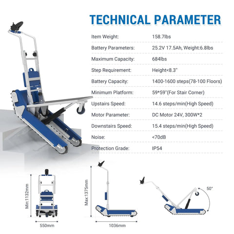 Xsto Crawler Electric Dolly Heavy Duty Trolley 684 Lbs Load Capacity features technical specs on a blue and gray stair climber.