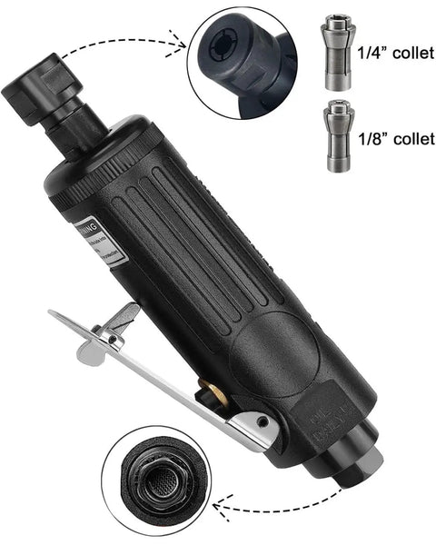 No Nonsense Air Die Grinder Crushing It At 22000 Rpm with 1/4 and 1/8 inch chucks, featuring a straight pneumatic body.
