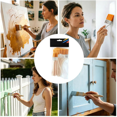 Stain Applicator Set With Nylon Bristle Filaments, Trim Detail Edger in use on canvas, cabinet, wooden fence in artistic scenes