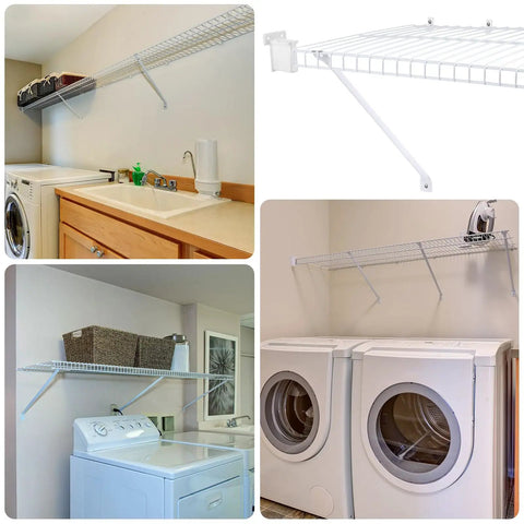 Heavy Duty Wire Shelf Support Brackets Kit For Closets Featuring Solid Metal Bars Wire Shelving Clips Corner Mounts And Screws, showcasing installed brackets above laundry area.