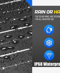 Road Ready Badass 1000 Watt Solar Panel With Hella High 25 Percent Efficiency 72V Output IP68 Waterproof showing rain resistance.
