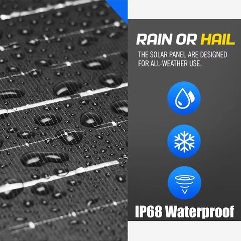 Road Ready Badass 1000 Watt Solar Panel With Hella High 25 Percent Efficiency 72V Output IP68 Waterproof showing rain resistance.