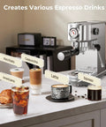 Espresso Machine With Milk Frother, 20 Bar Pressure, 44 Ounces Removable Water Tank, Compact Stainless Steel Coffee Maker For Home Or Office, Brew Lattes Cappuccinos Macchiatos Like A Pro, Sleek Silver on kitchen counter with various drinks.