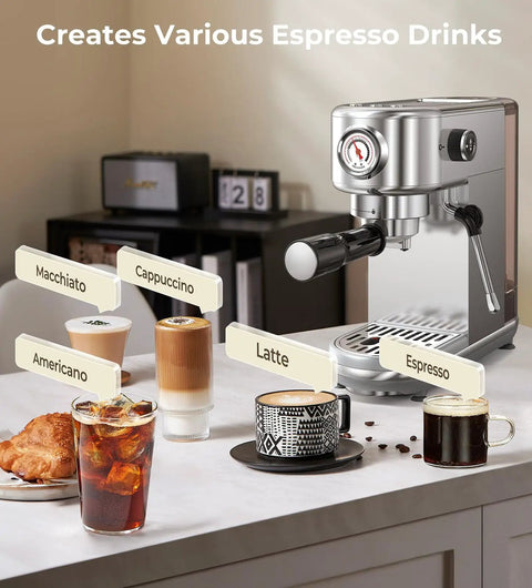 Espresso Machine With Milk Frother, 20 Bar Pressure, 44 Ounces Removable Water Tank, Compact Stainless Steel Coffee Maker For Home Or Office, Brew Lattes Cappuccinos Macchiatos Like A Pro, Sleek Silver on kitchen counter with various drinks.