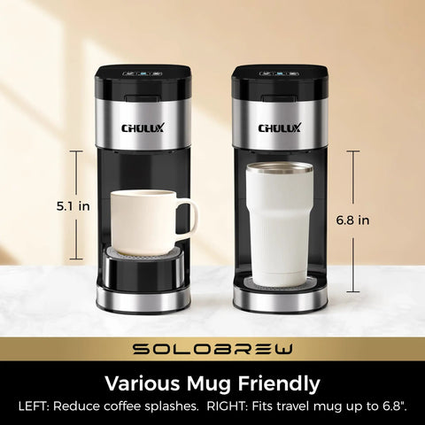 Single Serve Coffee Maker For K Cup And Ground Coffee, 3 Brew Sizes, two sizes shown, 5.1 in and 6.8 in, ideal for travel mugs