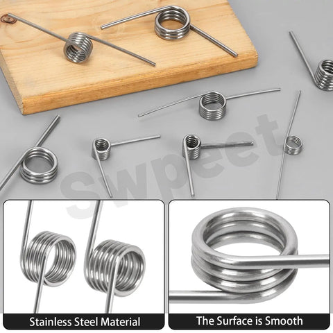 10 Pack 180 Degree Stainless Steel Torsion Springs, 1.5mm Wire, 15mm OD, shown on a wooden board and close-up details