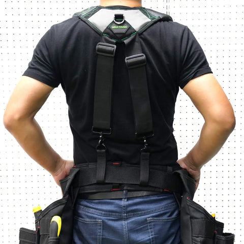 Man wearing Gel Padding Tool Belt Suspenders With Breathable Gel Shoulder Pad For Electricians, Construction Pros, And Farmers