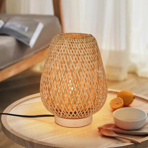 Handcrafted Bamboo Wood Table Lamp With Natural Base For Bedroom And Desk Eye Caring Night Light Retro Reading Lamp Eco Friendly Home Decor Handicraft Gift For Cozy Spaces on a wooden table