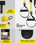 Components of All-In-One Suspension Training System For Home Workouts And Full-Body HIIT, including indoor and outdoor anchors.