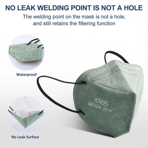 50 Pack KN95 Face Masks 5 Ply Breathable and Comfortable Safety Mask for Everyday Use with 3D Design Fits Snugly to Your Face and Provides Strong Filtration, showing mask durability and no leak welding point.