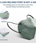 Green KN95 Face Masks Pack Of 60 Individually Wrapped 5 Ply with waterproof feature and no leak welding point detail