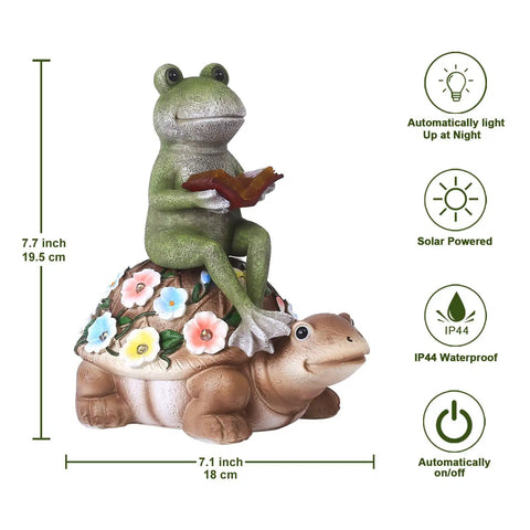 Solar Frog Riding Turtle Garden Statue For Outdoor Patio Yard Balcony Decor Totally Boss Gift For Garden Lovers With Auto Solar Power For Daylight Charging And Gentle Night Glow, featuring resin and UV-resistant design with automatic dusk light.