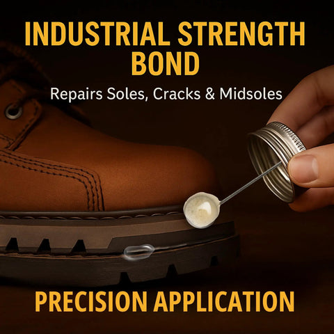 Go-To Heavy Duty Shoe Cement For Sole Repair, Waterproof Glue applied to boot sole with precision application tool.