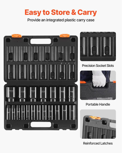 Open Impact Socket Set One Half Inch Drive, 19 Piece Deep Sockets, Six Point, CRV Steel, in black storage cage.