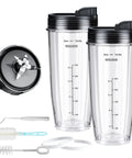 Ninja Blender Replacement Parts Kit With Two 24 Oz Cups And To Go Lids Seven Fin Extractor Blades Built To Last Compatible With Nutri Ninja Auto IQ BN801 BL480 30 BL640 30 BL642 30 NN100 30 BL2012 2 Pack showing full kit