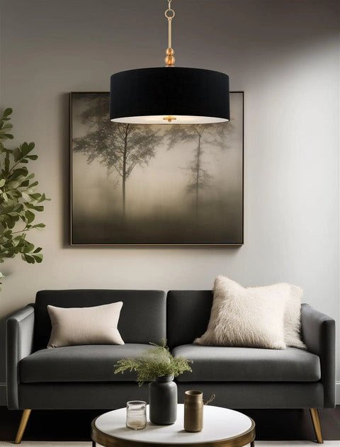 Adelade 23 Inch Modern 3 Light Drum Pendant Chandelier With Gray Fabric Shade And Glass Diffuser in living room setting