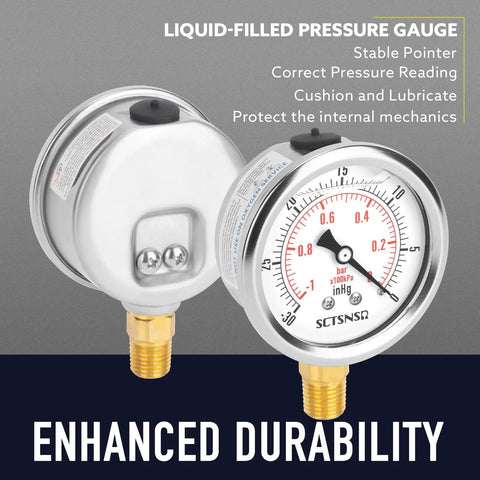 Two And A Half Inch Vacuum Pressure Gauge Glycerin Filled Heavy Duty Build Minus Thirty To Zero InHg Range Quarter Inch NPT Lower Mount
