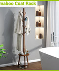 Freestanding Bamboo Coat Rack With Two Shelves And Eight Hooks, Easy Assembly, 12.6 Inch Storage Tray, Four Height Options in bathroom