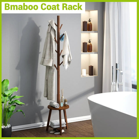 Freestanding Bamboo Coat Rack With Two Shelves And Eight Hooks, Easy Assembly, 12.6 Inch Storage Tray, Four Height Options in bathroom