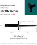Diagram of black aluminum rivet, dimensions 4.8x18x16mm, with tri-fold grip design and large head, labeled in French.