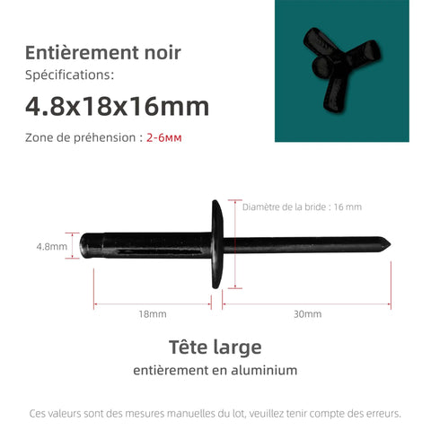Diagram of black aluminum rivet, dimensions 4.8x18x16mm, with tri-fold grip design and large head, labeled in French.